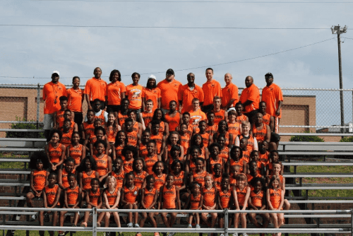 Panthers Elite Track & Field team group photo on bleachers outdoors.