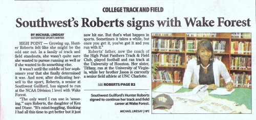 High school athlete Roberts signs with Wake Forest University for college track and field.