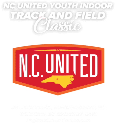 NC United Youth Indoor Track & Field Classic event logo with North Carolina map and event details.