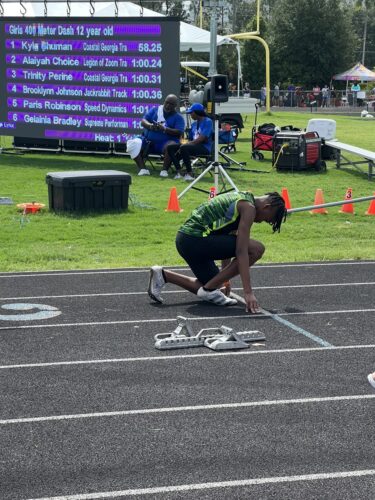 Athlete in starting position on the track at Panthers Elite Track & Field Club event.