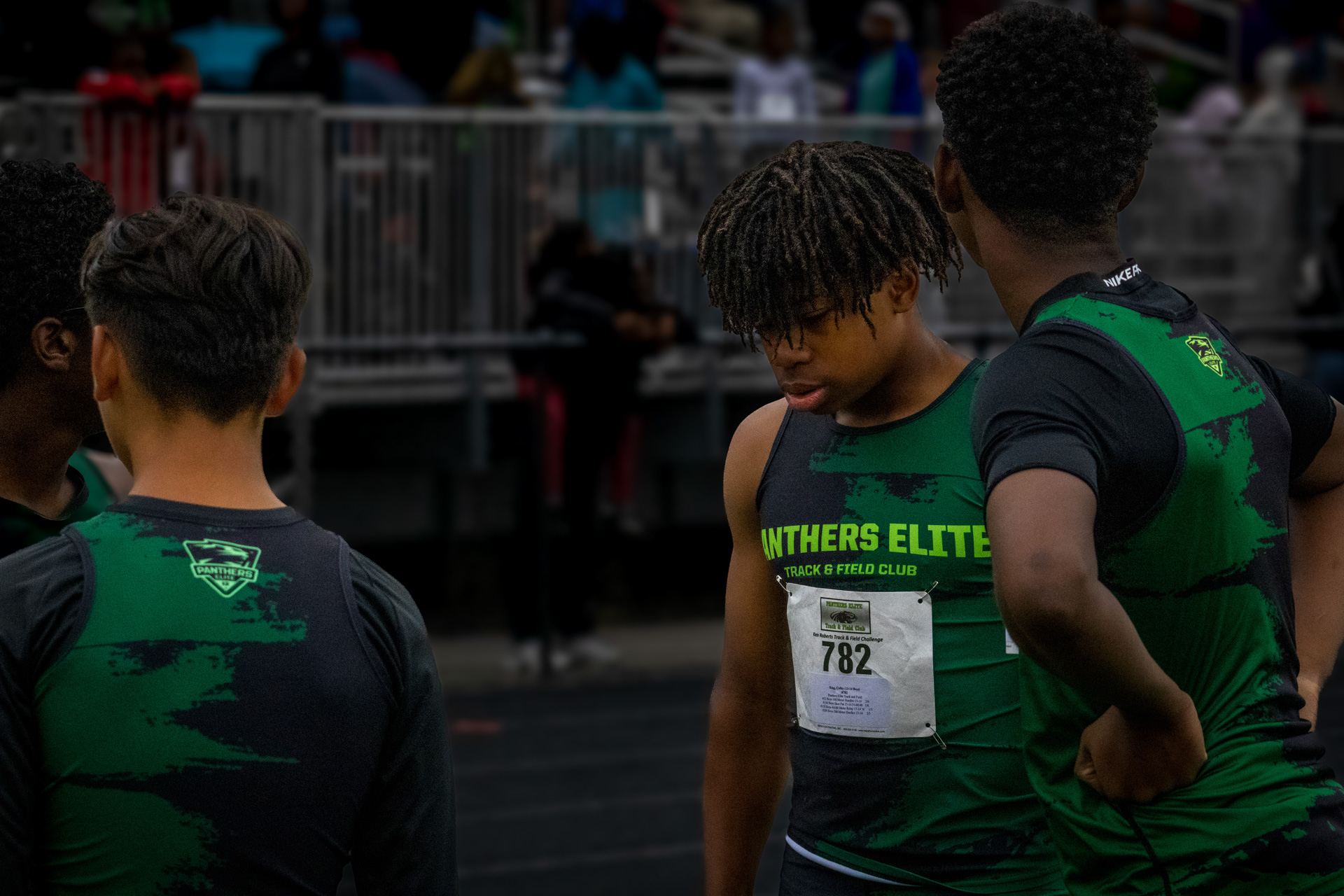 Panthers Elite track athletes preparing for competition at a meet.