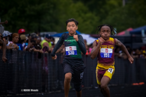 Young athletes competing in a track race at Panthers Elite Track & Field event.