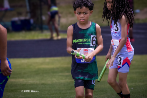 Young athletes preparing for a relay race at Panthers Elite Track & Field Club.