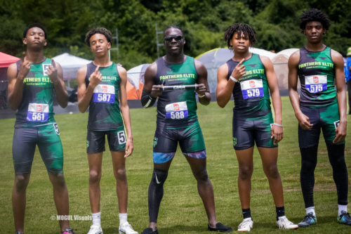 Group of Panthers Elite Track & Field athletes preparing for a race outdoors.