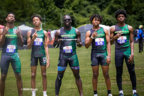 Panthers Elite Track & Field athletes standing outdoors on a grassy field, ready for competition.